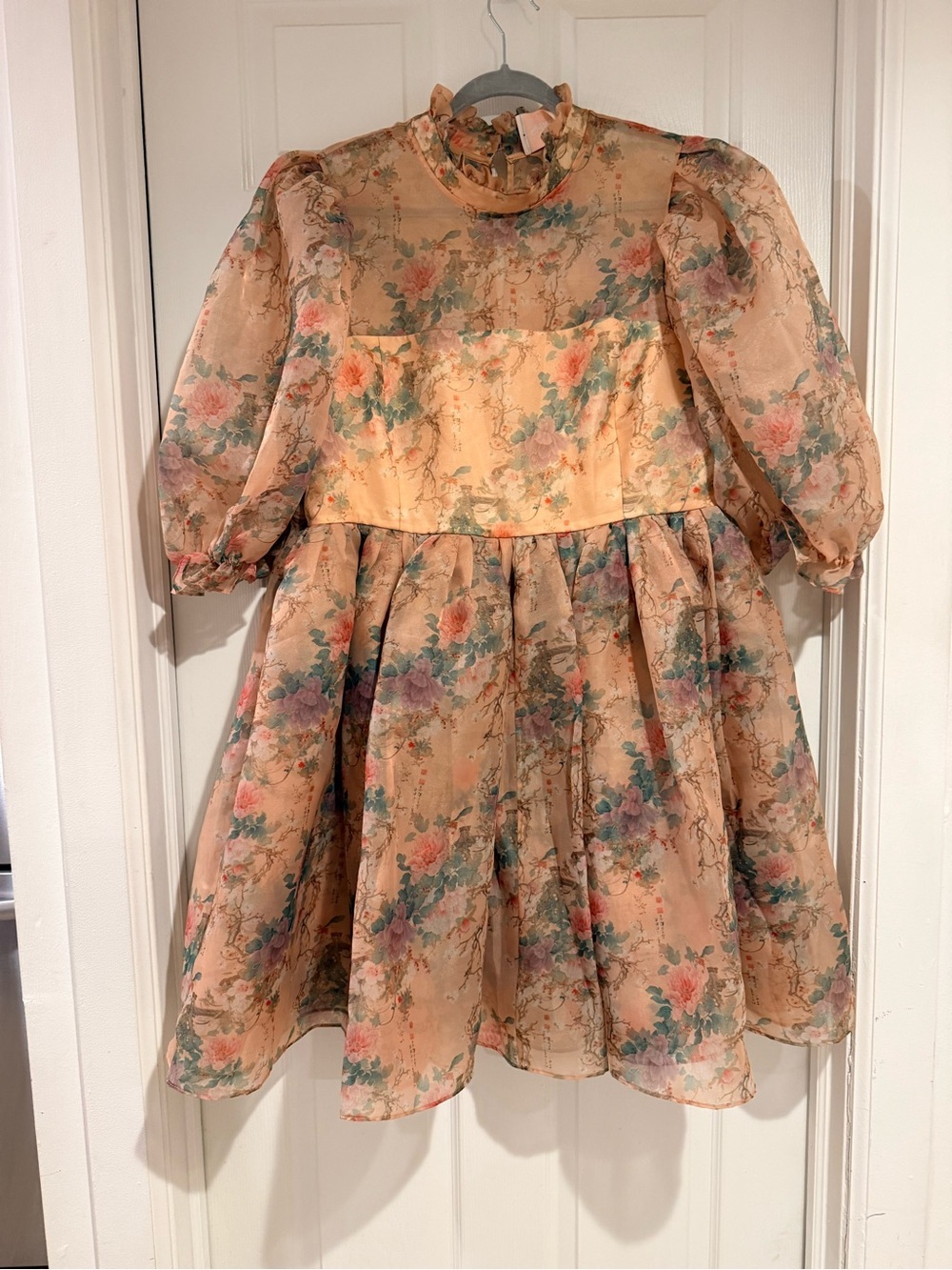 Selkie Peach Floral Organza Puff-Sleeve Mini Dress